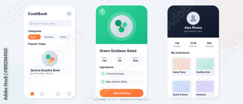 Design shows a cooking app with three screens. One screen displays categories, another shows a salad recipe, and the last shows a user profile with collection options.