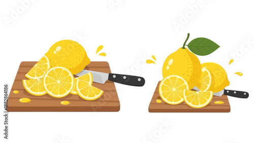 Freshly Sliced Lemons Arranged on Wooden Boards with Knives and Juice Splashes