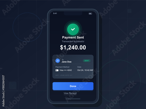 A mobile device displays a payment confirmation screen showing a successful transaction for $1,240. The screen shows recipient details and payment method.