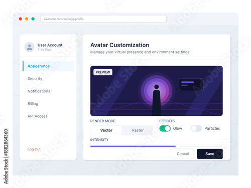 A screen shows user account settings for avatar customization. Options include render mode, effects, and intensity levels. The user can save changes to their settings.