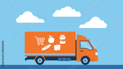 Grocery Delivery Truck With Food Icons Moving Towards Fresh Food For Consumers