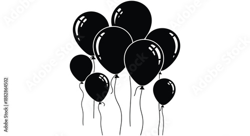 A collection of dark inflated balloons floating upwards against a plain white backdrop creating a simple graphic silhouette high quality professional