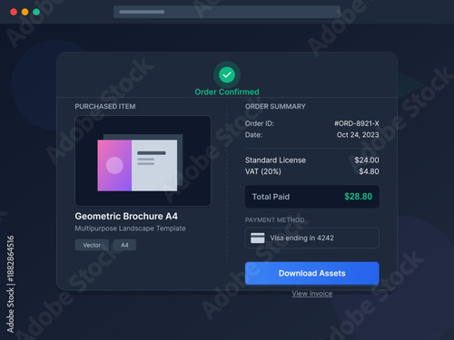 An order confirmation for a multipurpose landscape brochure template shows the order number, date, payment method, and total amount due. Details include VAT calculation.