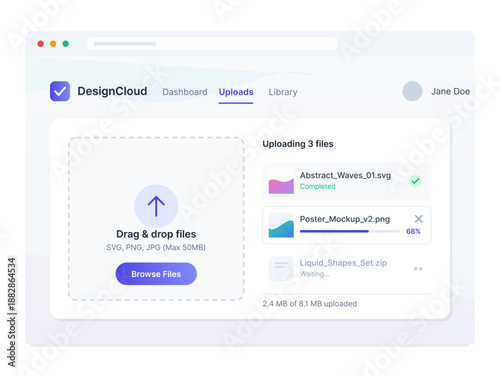A user interacts with DesignCloud, uploading multiple files including images and graphic designs. The upload progress is displayed on the screen in a cloud interface.