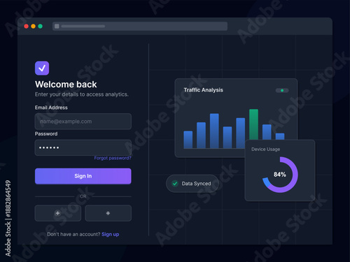 A user is entering their details to log in for data analytics access. The screen shows a form for email and password along with traffic analysis graphs and device usage stats.