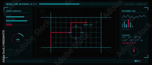 A high-tech interface displays system diagnostics, coordinates, and environment data. The screen shows grid lines and various metrics related to navigation.