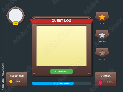 The quest log shows player status in a mobile game. Resources include coins and stamina. Achievement levels are displayed as elite, master, and novice. The player has a specific experience value.