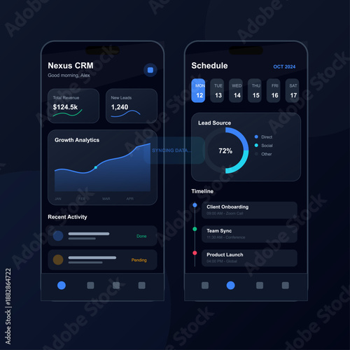 Nexus CRM dashboard shows financial data and activity logs on two screens. The display features charts, schedules, and metrics for team management and analysis.