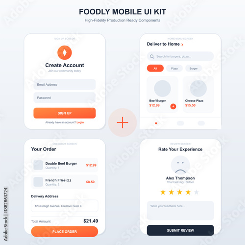 The display shows a food delivery app with account creation, order details, and a rating section for user feedback. The layout is clear with basic navigation elements.