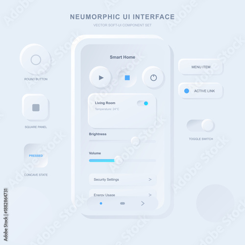 A smart home user interface with various control buttons, temperature display, brightness settings, and a menu section. Users can interact with settings.