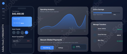 A digital dashboard displays the total balance, recent transactions, spending analytics, and active savings. The design features a dark theme with clear sections for user interaction.