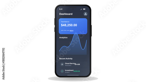 A mobile device displays a financial dashboard with total balance and recent activity details. The screen shows analytics and recent transactions related to expenses and investments.