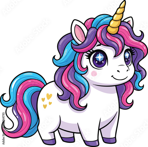 A charming cartoon unicorn with a vibrant rainbow mane, golden horn, and sparkling purple eyes