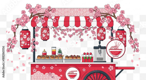 Vibrant japanese street food cart with cherry blossoms lanterns and traditional snacks on display festive atmosphere