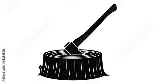 A striking visual depiction showcases a black axe head embedded within a freshly cut tree stump presenting a bold silhouette