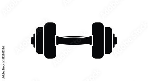 A stark visual representation of a black dumbbell displaying a strong symmetrical form and providing a fitness icon silhouette high quality