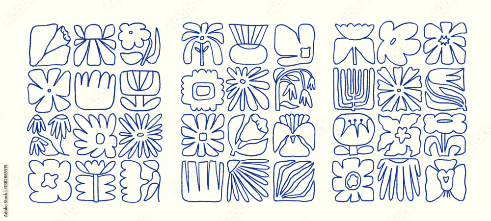Fototapeta premium Abstract floral line art compositions, posters set. Outline flower and leaf shapes, nature doodles, scribbles, sketches pattern, squared grid in whimsical naive style. Hand-drawn vector illustrations