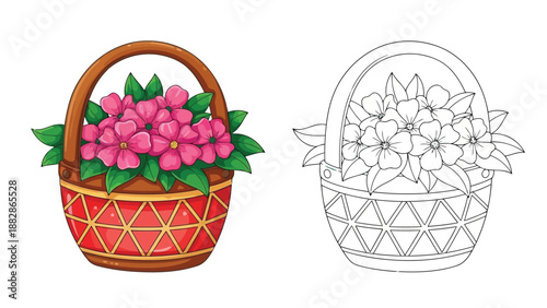 a colorful basket filled with vibrant pink flowers and a black and white outline drawing of a similar