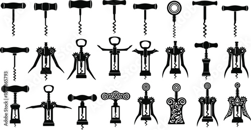 Vector illustration of various corkscrew silhouettes, wine bottle opener icons set, sommelier bar tools, kitchen accessory equipment shapes isolated on white background,
