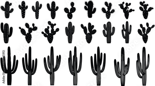 Vector illustration of various cactus silhouettes, desert plant icons set, saguaro and prickly pear succulent shapes, wild west nature elements isolated on white,
