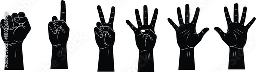 Vector illustration of black hand gesture silhouettes, counting finger icons from one to five, human arm communication symbols, isolated sign language elements,