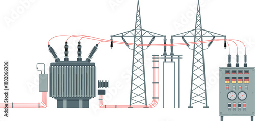 Electrical power distribution diagram illustration showing transformer transmission towers control panel monitoring system grid infrastructure energy technology