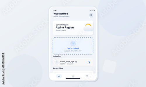 A person uses the WeatherMod application on a mobile device to view the current project. Options are shown for uploading simulation data specific to the Alpine Region.