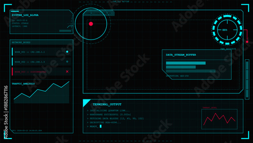 A display shows the network status and traffic analysis in a technology system. Data streams and terminal outputs are being monitored in real time during a work day.