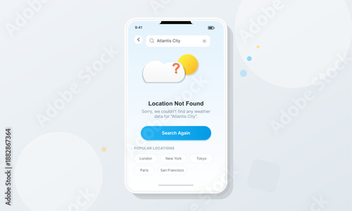 A weather app displays a message saying location not found while searching for Atlantis City on a mobile device. Users can search again in other popular locations.