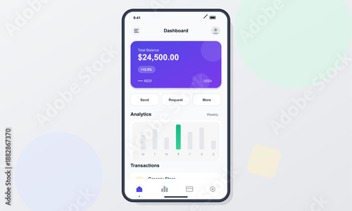 A person looks at a smartphone screen showing a financial dashboard with total balance and transaction history. Bright colors and simple graphs display the data clearly.