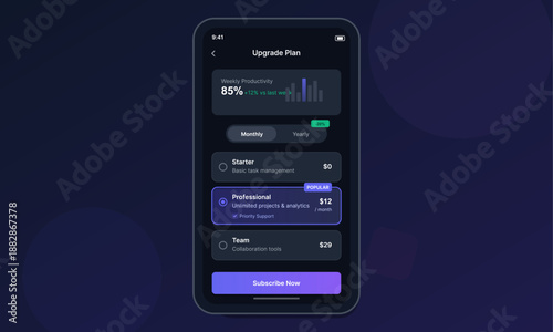 Screen displays subscription options for a task management app. Users can choose between starter, professional, and team plans with different features and pricing.