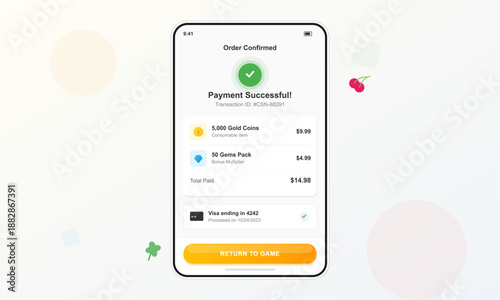 A mobile screen shows a confirmation for a payment made in a game. The transaction includes details about gold coins, a gems pack, and total amount paid.