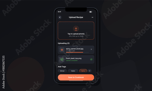 A smartphone screen shows a recipe upload function. The user selects images of spicy ramen and fresh basil. The background is dark.