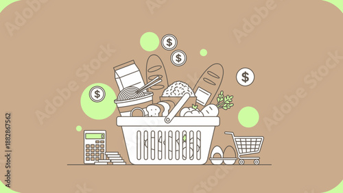 Grocery Shopping Budgeting Concept Depicting Food Items With Financial Considerations