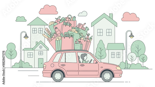 Grocery Shopping Car Home Delivery: A Fresh and Modern Illustration of Daily Life