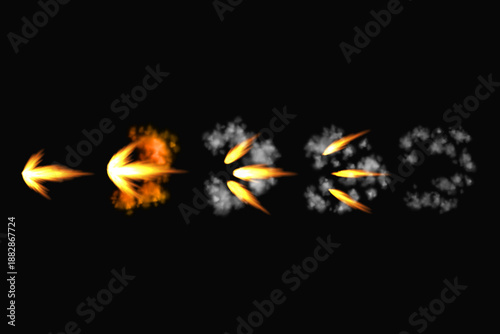 Gun flashes or gunshot animation. Collection of fire explosion effect during the shot with the gun. Cartoon flash effect of bullet starts. Shotgun fire, muzzle flash and explode