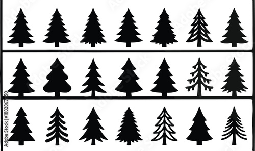 Set of pine tree silhouettes on shelf display, simple evergreen icons collection in different styles, black forest symbols isolated on white background.