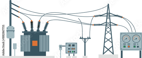 Electrical power distribution illustration with transformer control panel transmission towers overhead lines grid infrastructure industrial energy system