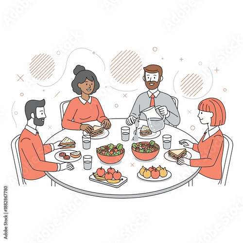 Group Of People Dining Together Around a Table Sharing Delicious Food and Beverages