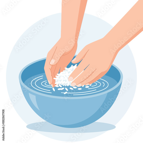 Hands Washing Rice Grains in a Blue Bowl with Circular Ripples Illustration