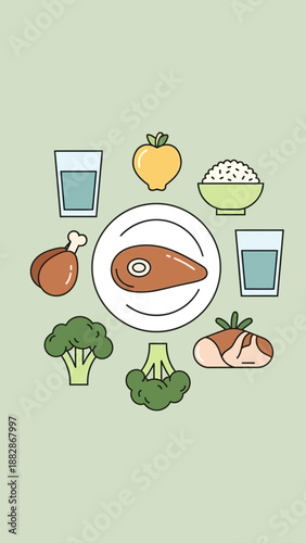 Healthy And Balanced Meal Arrangement With Fresh Food Icons On A Pastel Background Design
