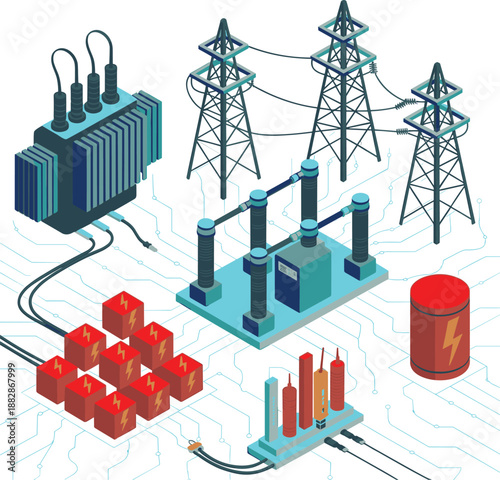 Electrical power distribution system illustration featuring transformer transmission towers substations battery storage grid infrastructure energy technology concept