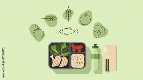 Healthy And Nutritious Lunch Composition With Food Icons And Minimalist Green Background
