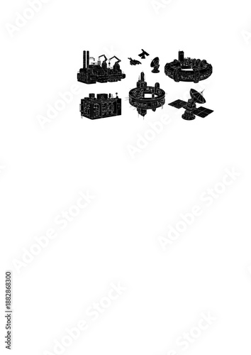 Zero Gravity Manufacturing Silhouette, Space Based Industry and Biotech, Orbital Research and Future Technology Vector Illustration