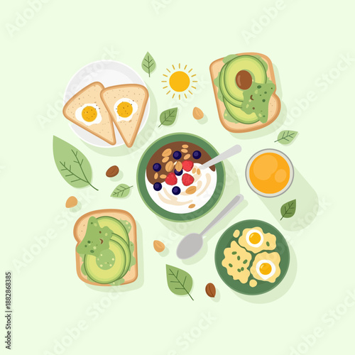 Healthy Breakfast Composition: Vibrant Food Arrangement with Avocado Toast, Yogurt and Sunny Eggs