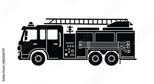 A striking black depiction of a classic fire engine showcasing its detailed structure and equipment in a bold silhouette high quality