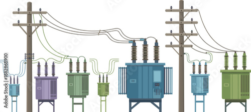 Electrical substation with multiple transformers and utility poles illustrating power distribution network overhead lines industrial energy infrastructure system