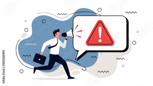 Businessman running with megaphone and alert sign vector illustration announcing important news