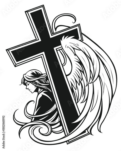 Angelic Figure With Wings Leaning On A Cross With Swirling Hair religious faith