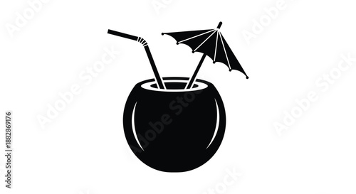 A striking black and white illustration depicts a coconut drink with a straw and umbrella presented as a distinct silhouette